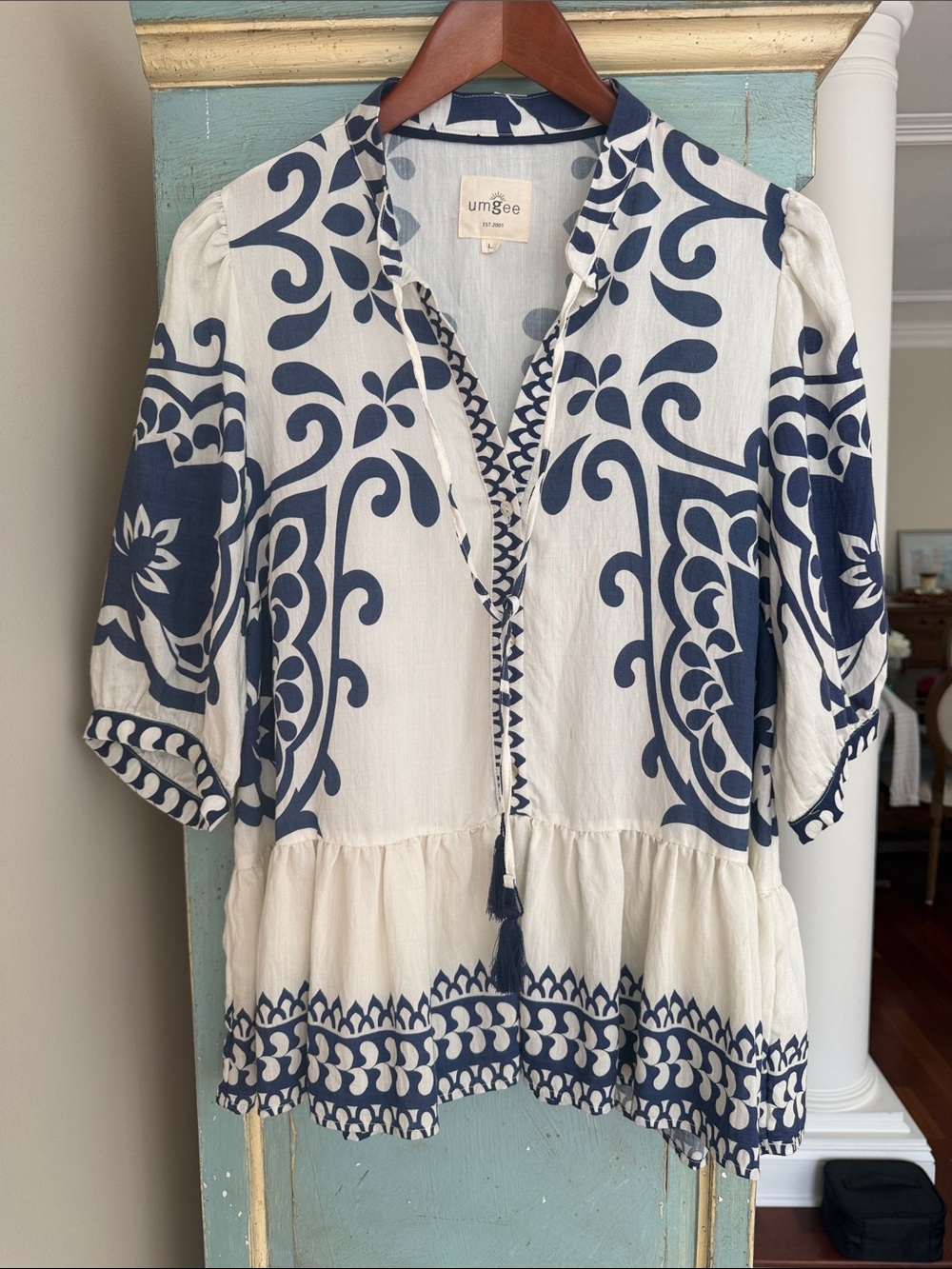 Boho Navy Blue Cream Tile Print Babydoll Tunic Top Tassel Peasant Blouse L